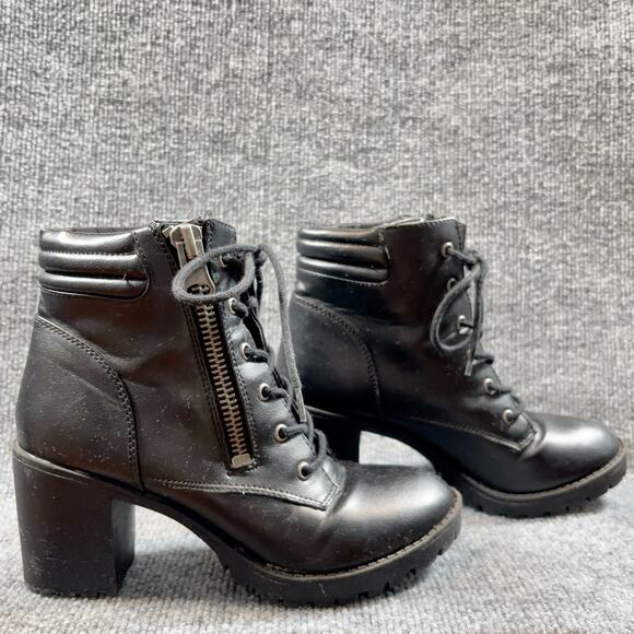 Steve Madden Nydiaa Black Combat Boots 7M Lace Up Chunky Heel Zip Lug Sole - Picture 1 of 16